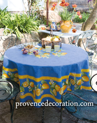 French Round Tablecloth coated or cotton (Menton, lemons. blue)